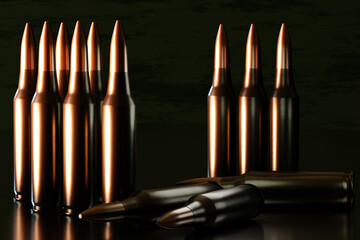 Military bullets. Copper ammo. Ammunition in dark. Table with bullets for shots. Ammunition for military weapons. Scattered bullets from weapons. Ammo background. Shooting wallpaper. 3d image