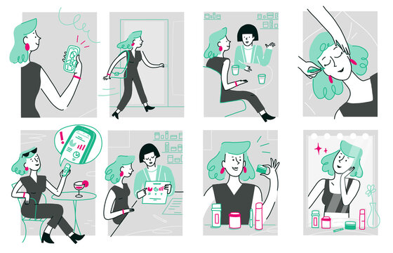 Illustrated Storyboard Showing A Woman Going To A Beauty Clinic,  Shopping, And Using Cosmetic And The Smartphone