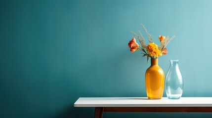 Field flowers in orange vase on wooden coffee table against dark turquoise wall background. Interior design of modern living room with space for text. Created with generative AI