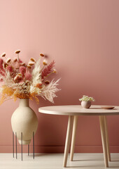 Field flowers in vase near wooden coffee table against pink wall background. Interior design of modern living room with space for text. Created with generative AI