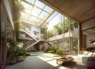 Glass courtyard with greenery in modern house. Home interior design with staircase. Created with generative AI