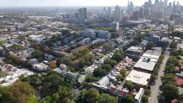 Aerial drone view of Redfern in inner Sydney, NSW Australia looking toward Ultimo and Haymarket   