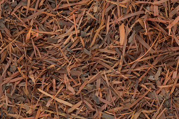 Lapacho herbal tea as background, top view. Natural Taheebo dry tea. Herbal tea from the bark of an ant tree.