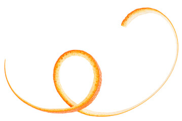 Spiral peel of orange fruit isolated on a white background, top view.