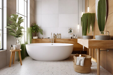 Fototapeta na wymiar Interior design of modern bathroom with wood greenery. Created with generative AI