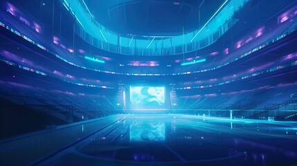 Huge Futuristic stadium. Future sport. Blue glowing neon lights. A fantastic arena for the sporting events of the future. Cyberpunk wallpaper. Generative AI illustration.