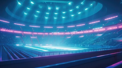 Huge Futuristic stadium. Future sport. Blue glowing neon lights. A fantastic arena for the sporting events of the future. Cyberpunk wallpaper. Generative AI illustration.