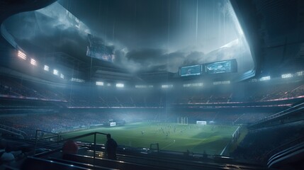 Fototapeta premium Huge Futuristic stadium. Future sport. Blue glowing neon lights. A fantastic arena for the sporting events of the future. Cyberpunk wallpaper. Generative AI illustration.