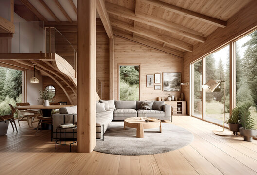 Interior design of modern living room in wooden house among the trees. Created with generative AI