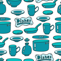 Blue doodle style dishes seamless pattern. White background.