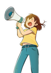 Chica con un megáfono gritando algo reivindicando algo o reclamando derechos
- 597744387