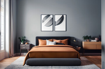 Modern grey bedroom interior with double bed and bedding. Cushions, pillows, frame on the wall with copy space. Generative AI