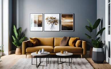 Contemporary living room with yellow mustard sofa and painting in frame on grey wall. Copy space and mockup. Generative AI