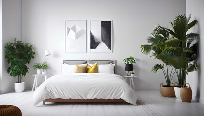 Contemporary bedroom interior with white wall and double bed. Poster in frame on the wall. Plant. Generative AI
