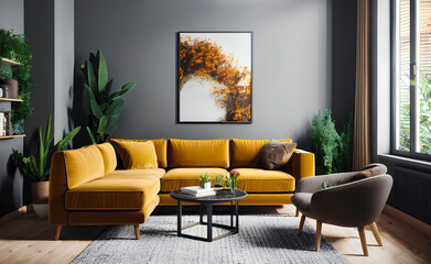 Spacious living room with yellow corner sofa and mockup postres frame on wall. Generative AI