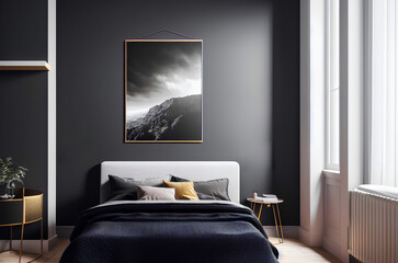 Glamour bedroom interior with dark bed and grey wall. Poster frame with mockup and copy space. Generative AI