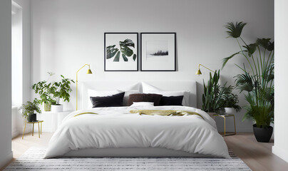 Contemporary bedroom interior with white wall and double bed. Poster in frame on the wall. Plant. Generative AI
