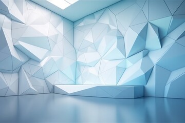 Futuristic geometric background for presentation: 3D textured wall in light blue and white tones, created using generative AI