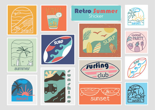 A collection of stickers for the summer season or holidays. Isolated vector illustrations in retro, vintage style. A set for tags, labels, emblems with the inscriptions Summer, surfing, beach, sunset.