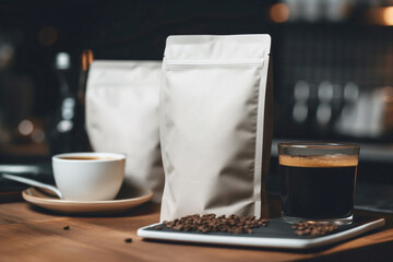Coffee Bag Packaging Mockup with coffee cup in Café Setting