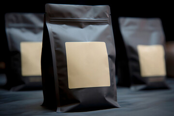 Sleek Black Tea or Coffee Bag Packaging Mockup with blank label - generative AI - obrazy, fototapety, plakaty