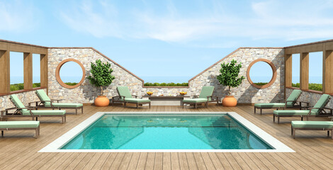 Summer outdoor swimming pool with sunbed and stone wall