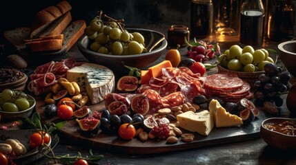 Beautifully arranged traditional Italian antipasto platter, featuring a variety of cheeses, olives, and cured meats, presented on a slate board. A feast for the eyes and taste buds. Generative AI. - obrazy, fototapety, plakaty