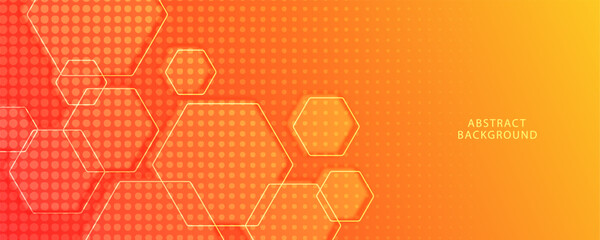 Orange gradient abstract background with halftone effect and hexagons shape. vector illustration