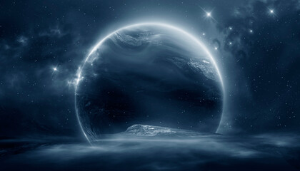 Futuristic fantasy landscape, sci-fi landscape with planet, neon light, cold planet. Galaxy, unknown planet. Dark natural scene with light reflection in water. Neon space galaxy portal. 3d 