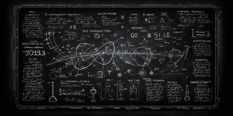 Scientific formula written on a blackboard, with symbols and equations revealing the secrets of the universe. A brilliant mind at work. Generative AI. - obrazy, fototapety, plakaty