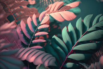 green with pink background. texture from the leaves of tropical trees. forest and nature. ai generative