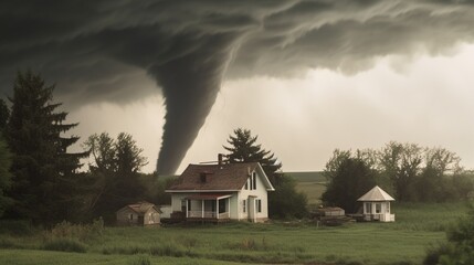 A house in a field with a tornado in the background, generative ai