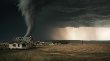 Naklejka na ściany i meble A tornado is coming into a rural village, generative ai