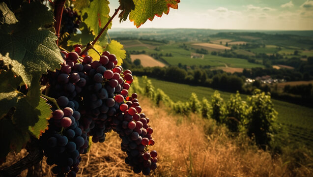 Grape field growing for wine. Red grapes close-up,Vineyard hills. Summer scenery with wineyard rows in Italy Tuscany