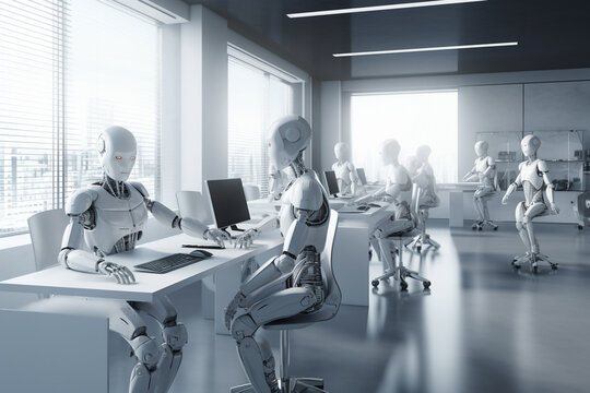 Humanoid robot working in modern smart office, future technology concept 3d rendering, toned image
