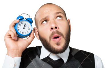 Creative funny pensive businessman with alarm clock with concept strategy