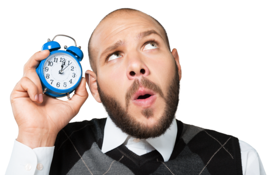 Creative funny pensive businessman with alarm clock with concept strategy