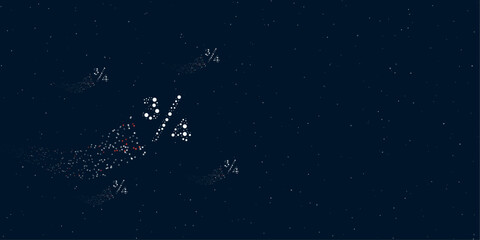 A three quarters symbol filled with dots flies through the stars leaving a trail behind. There are four small symbols around. Vector illustration on dark blue background with stars