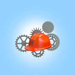 Labours Day Concept. Safety Cap and Mechanical Gears On Blue Background