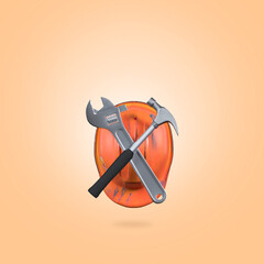 Labours Day Concept. Safety Cap and Spanner and Screw On Orange Background