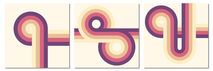 Simple retro vintage 70s background with rounded striped design element in color set. Vector illustration