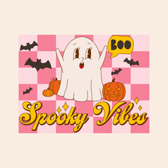 Spooky vibes groovy vector illustration. Cartoon retro design with  cute ghost, pumpkin and pink checkered background. 70s 80s Halloween concept for greeting card or print. Vintage autumn