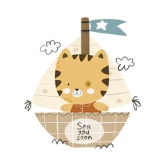 Sea you soon. cartoon cat sailors, ship, decor elements. hand drawing. baby design for print, kids clothes, poster, postcard