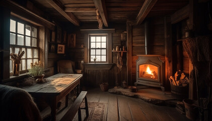 Chalet Cozy Interior Wooden cottage and Fireplace in the winter. Rustic Home Design for Warm Indoor Space Alpine Vacation. Modern Cottage Living Room Decor with Wood Wall and Furniture.  - obrazy, fototapety, plakaty