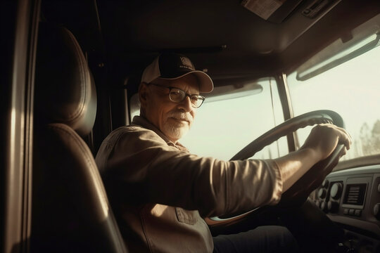 Trucker driving truck. Truck driver job.  Photorealistic illustration.  