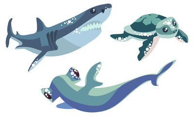 A mini set with a hammerhead shark and a regular shark and turtle. Cute animals in blue shades are swimming isolated on a white background. Collection of stickers on the theme of marine animals