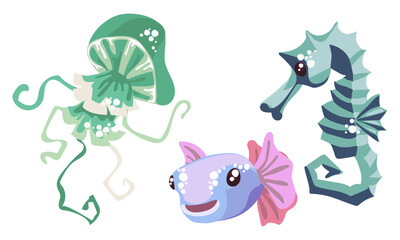 Mini set with jellyfish, fish, seahorse. Cute abstract animals in blue, pink and green tones swim in isolation on a white background. Collection of stickers on the theme of marine animals