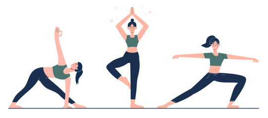 Collection of young woman performing physical exercises. Bundle of female cartoon character demonstrating various yoga positions isolated on white background. Colorful flat vector illustration.