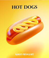 Hot dog poster, a bright hot dog on a yellow background, for menus, advertising, etc.
