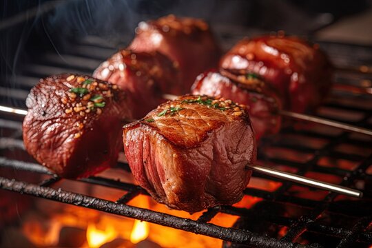 In Brazil, they traditionally grill meat on an iron skewer sword and call it Brazilian picanha BBQ. The meat is sword-roasted and presented on a chopping board at a Brazilian steakhouse. AI-generated.